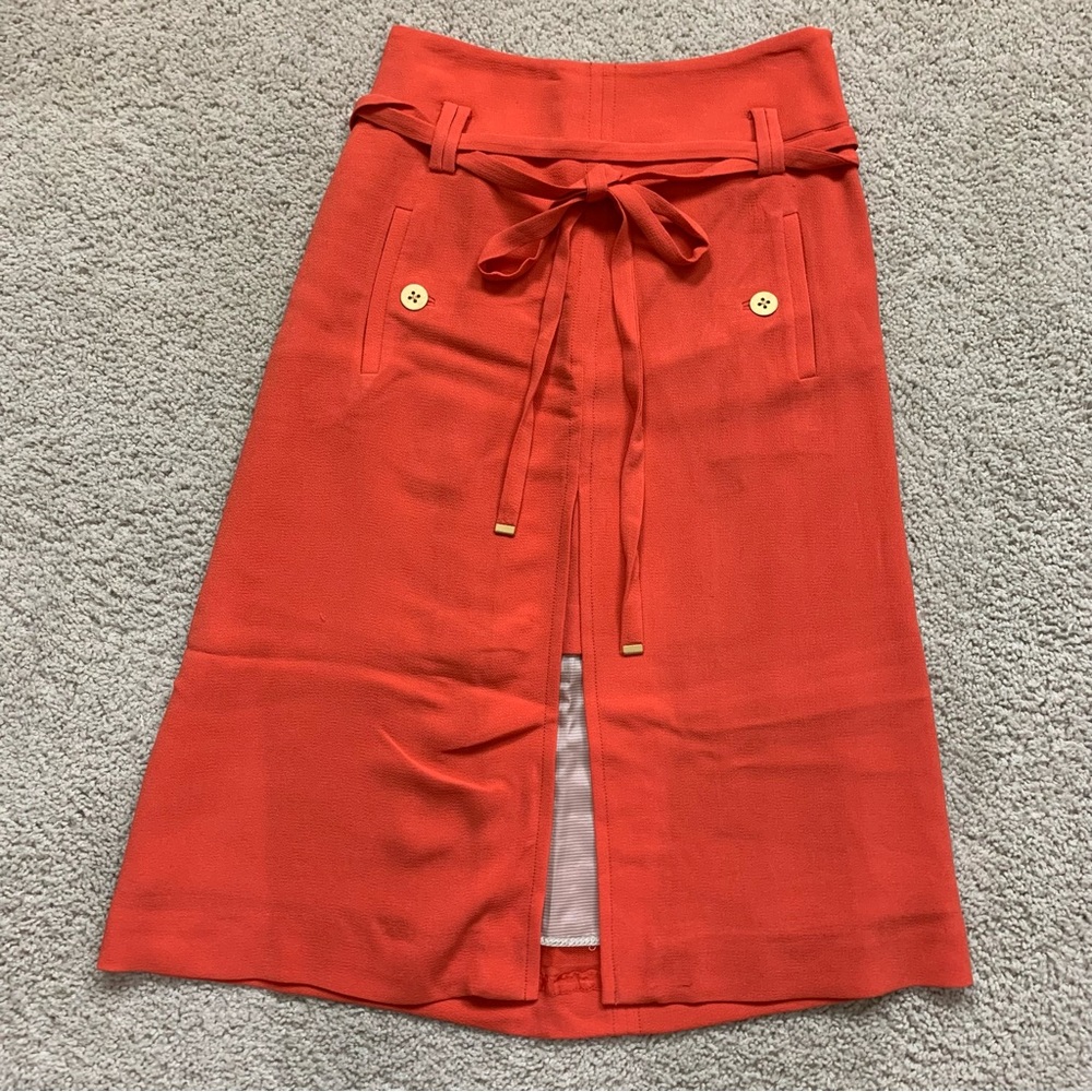 leifsdottir Coral Orange A-Line Skirt with Front Slit and Tie